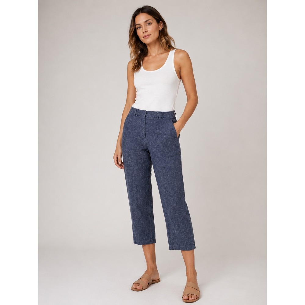 Brochu Walker Cropped Pants Womens M Blue Cotton‎ Linen Blend Coastal Minimalist